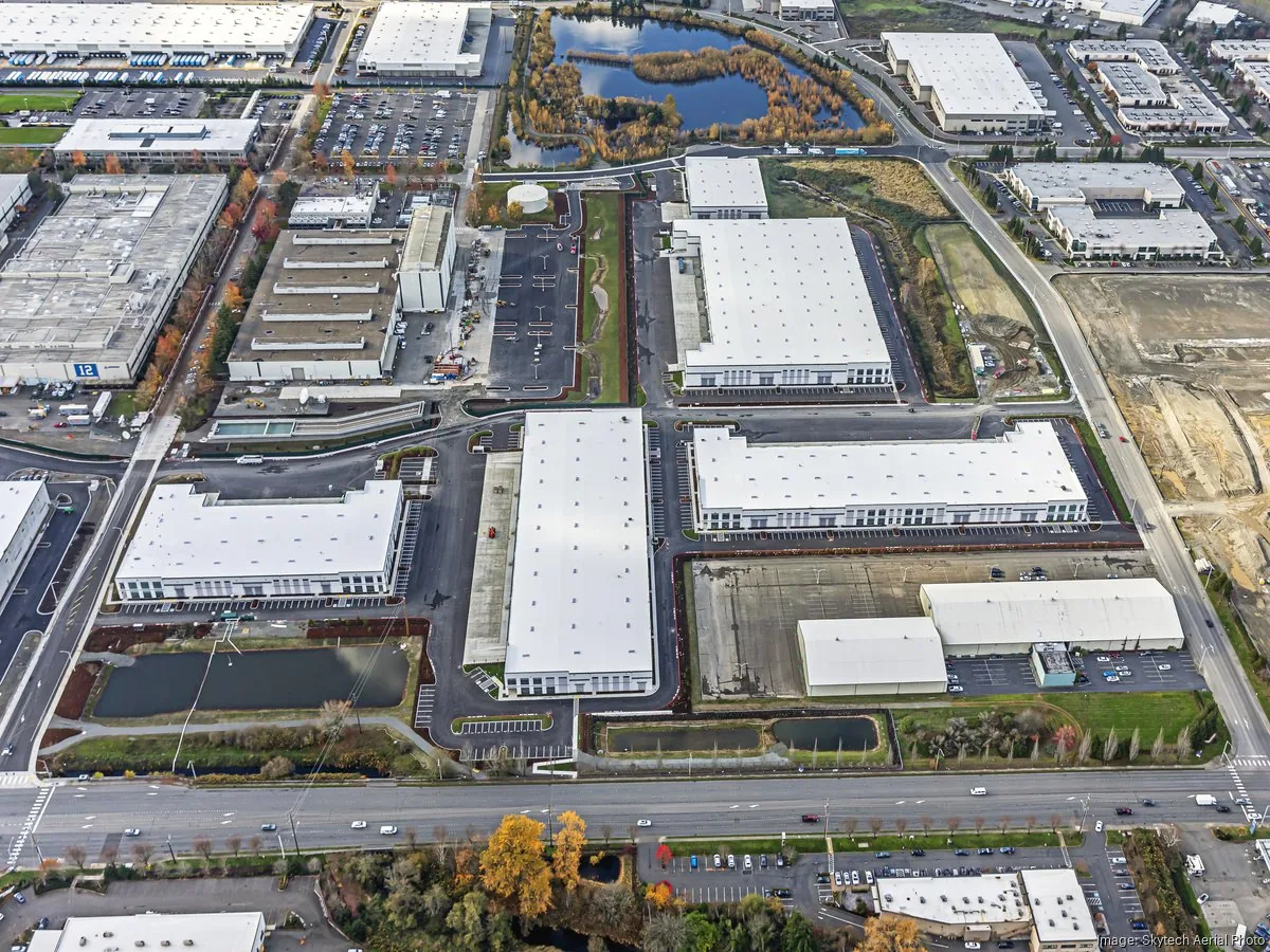Aerial view of industrial buildings at the Blue Origin campus