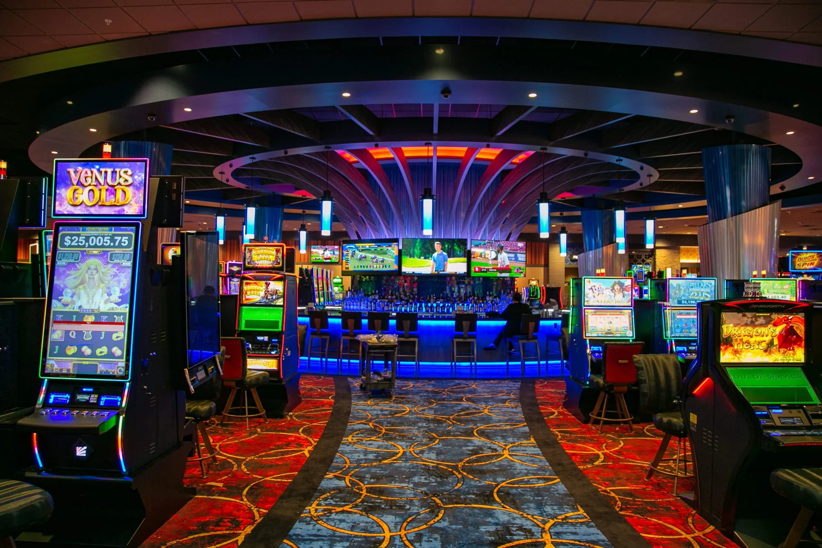 Gaming machines and decorative ceiling lighting at The Mint