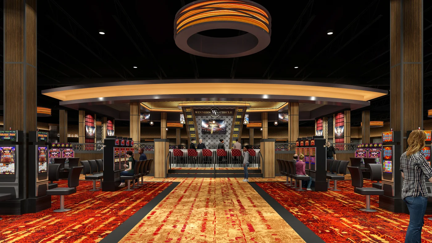 Gaming floor with patterned carpet and gaming machines at The Mint