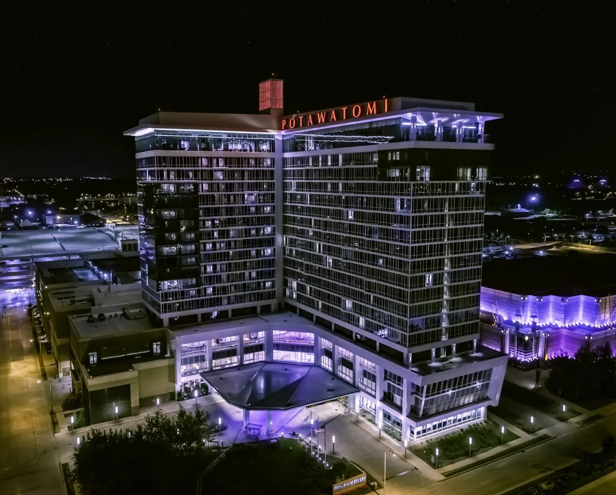Potawatomi Casino Hotel exterior illuminated at night