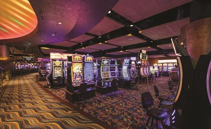 Slot machines and patterned carpet on the Potawatomi casino gaming floor