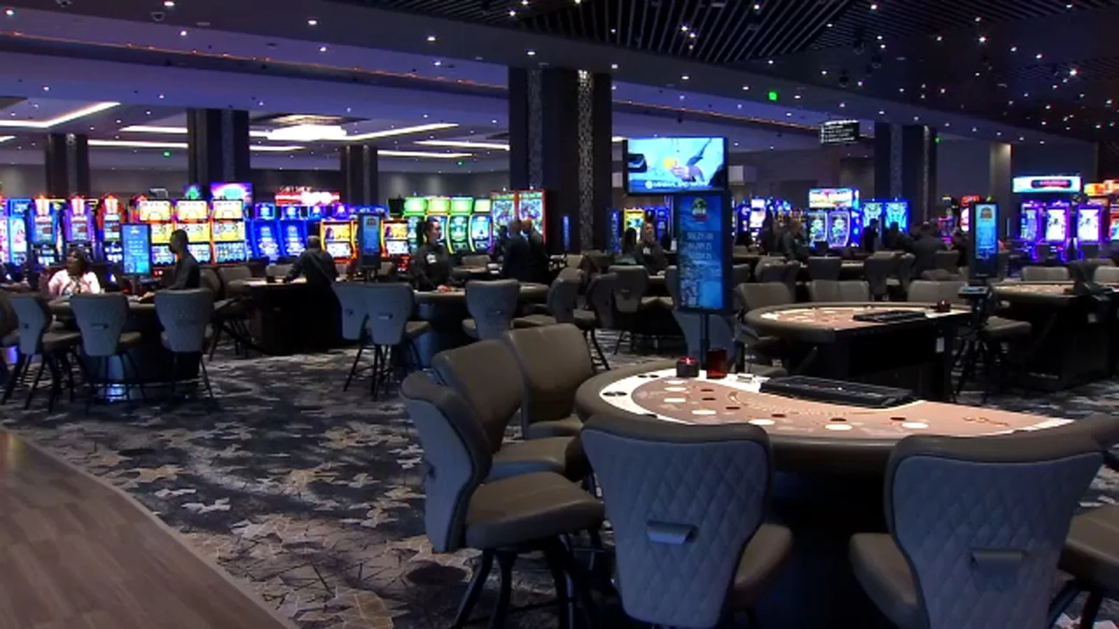Gaming tables and slot machines inside Table Mountain Casino
