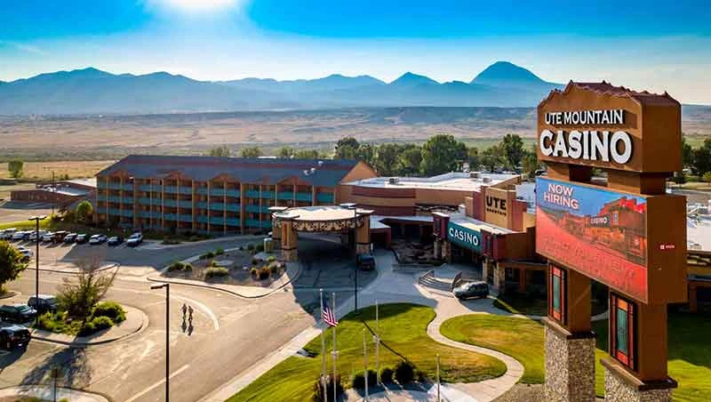 Ute Mountain Casino Hotel exterior and roadside sign in Towaoc, Colorado