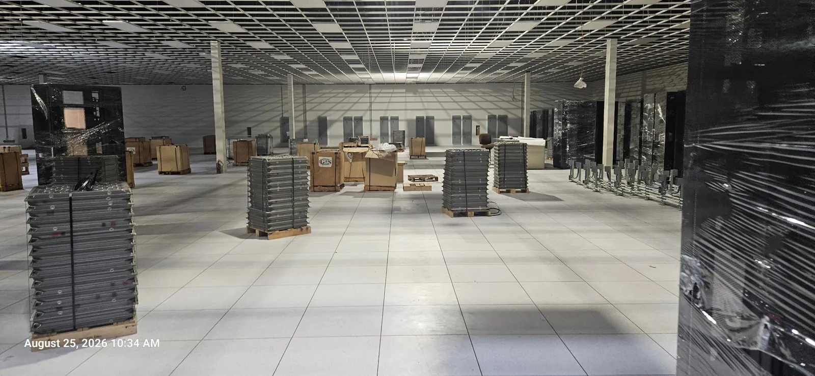 Raised flooring and staged materials at the Irving data center